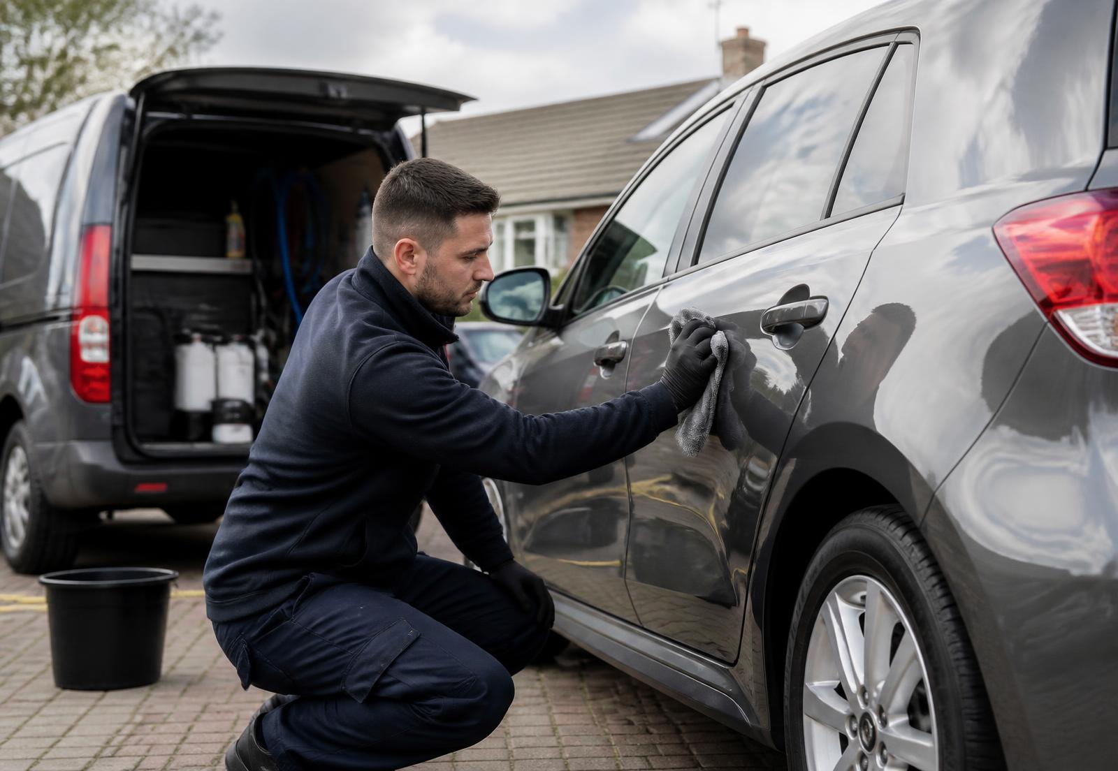 A mobile car care technician cleaning a customer's car on a driveway beside a service van